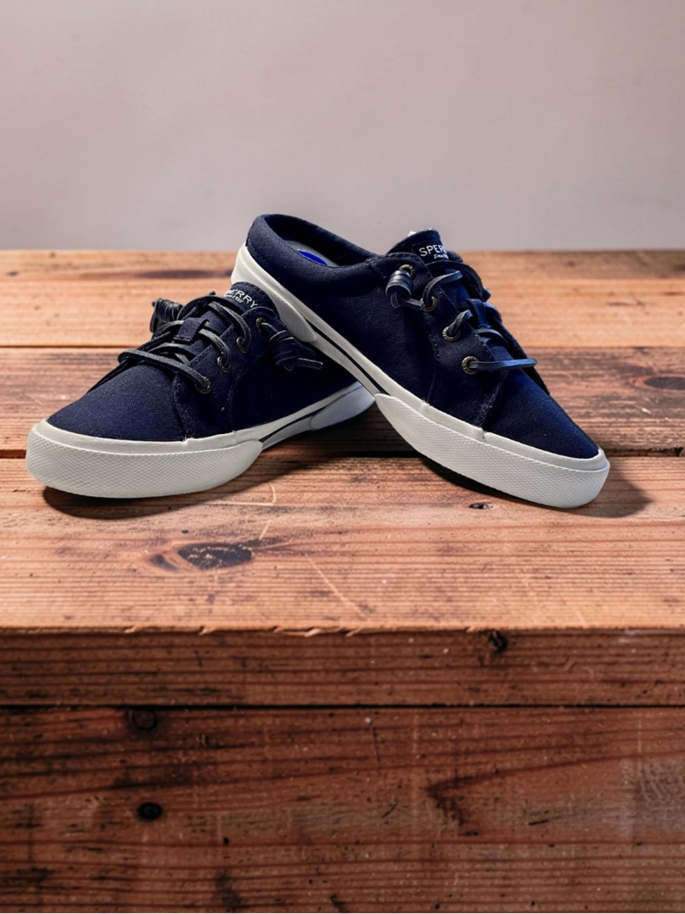 Sperry  Navy Canvas Slip-On Boat Shoes with White Sole 7.5 Women